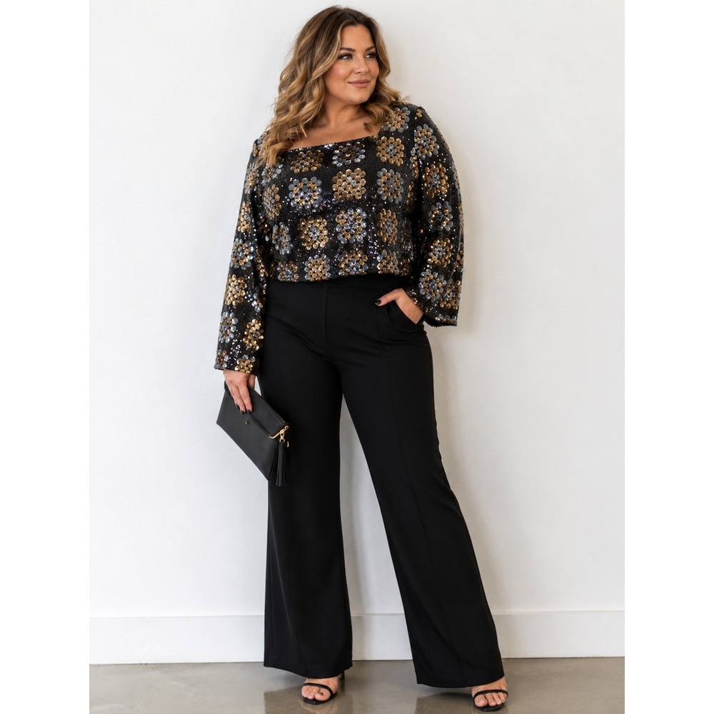 Chelsea & Violet Sequin‎ Top XL Black Gold Silver Floral Square Neck Long Sleeve